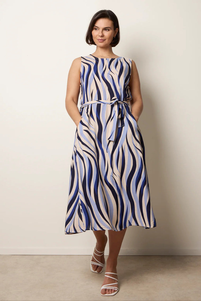 Bold Wave Print Belted Dress by Blue Vanilla