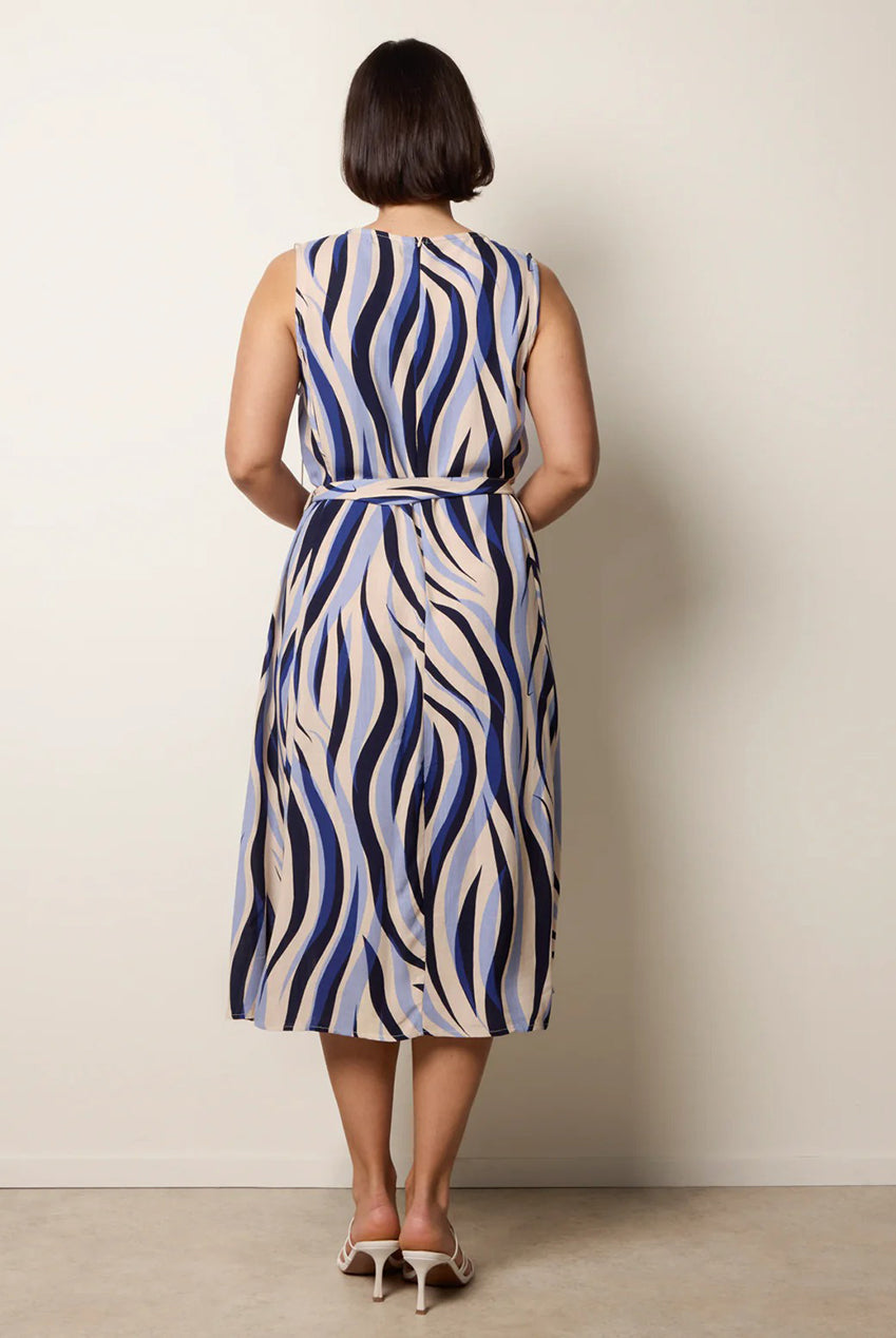 Bold Wave Print Belted Dress by Blue Vanilla