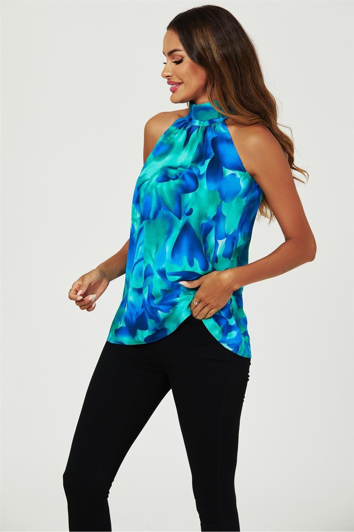 Abstract Floral Print Halter Neck Tie Back Top In Blue by FS Collection