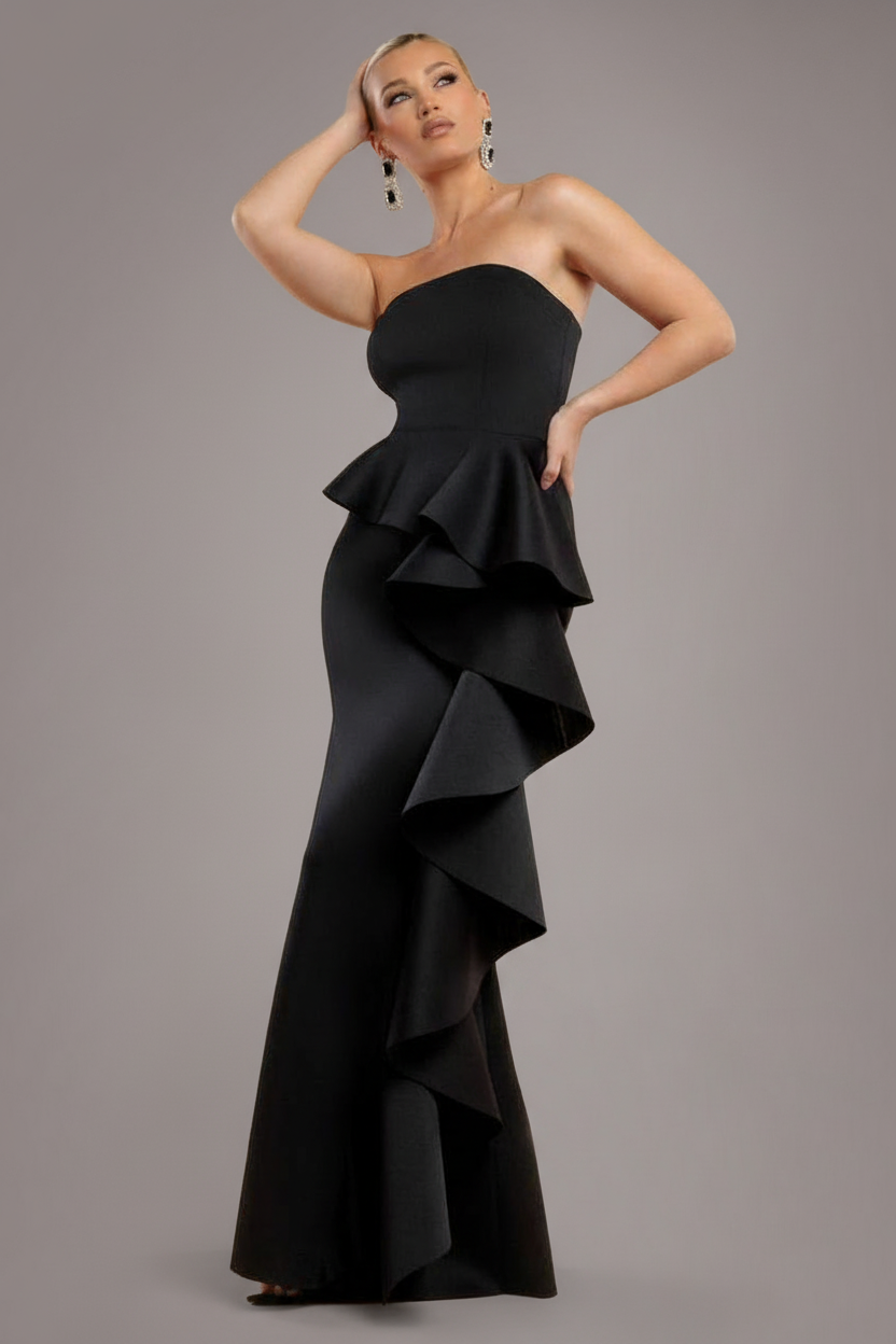 Boobtube Peplum Waterfall Frill Maxi Dress - Black by Goddiva