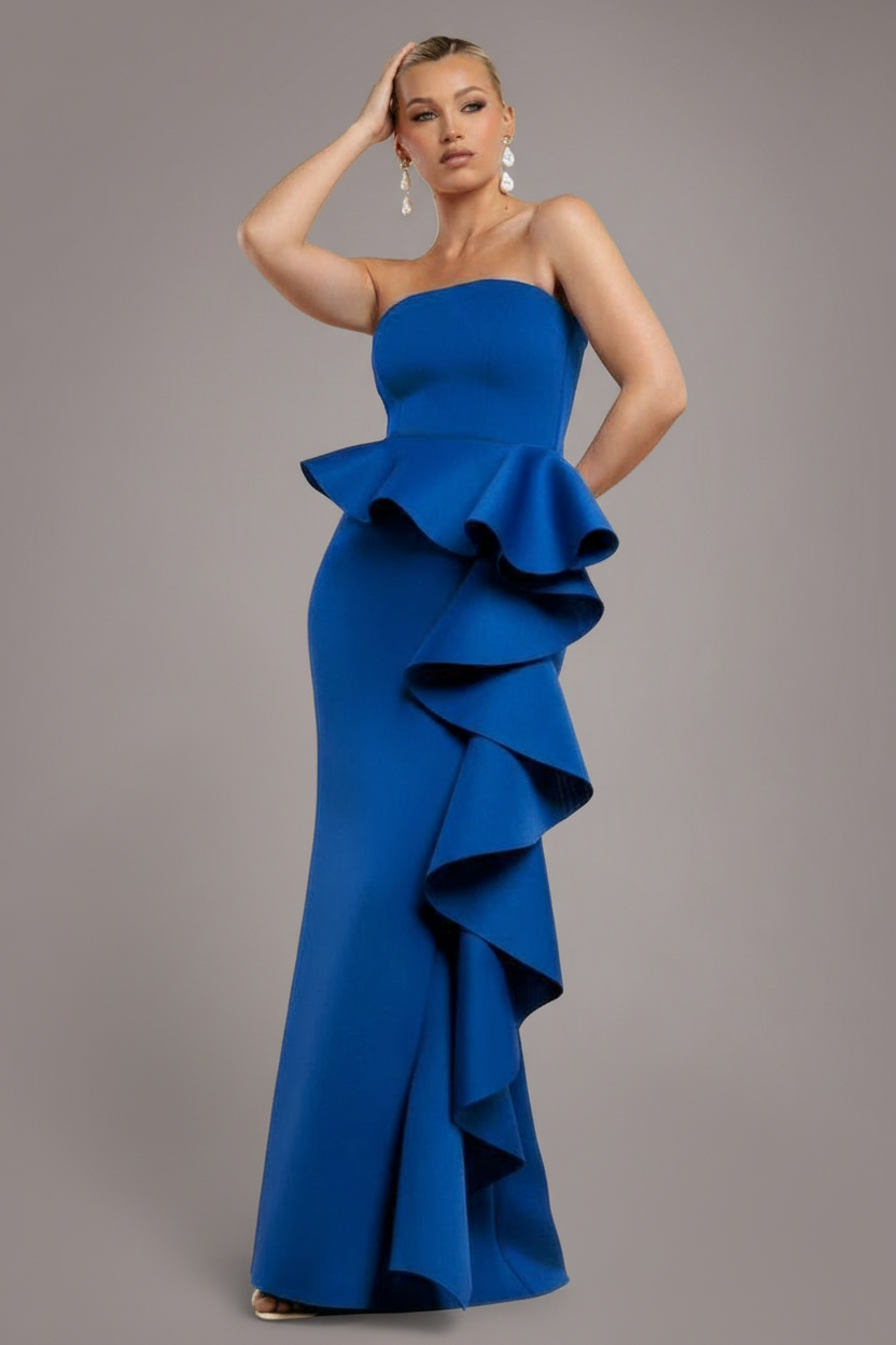 Boobtube Peplum Waterfall Frill Maxi Dress - Royal Blue by Goddiva