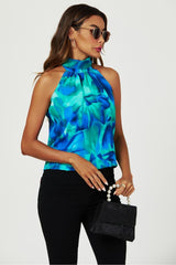 Abstract Floral Print Halter Neck Tie Back Top In Blue by FS Collection