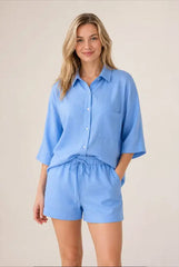 Blue Textured Linen Look Elasticated Waist Shorts Co-Ord by Avinci